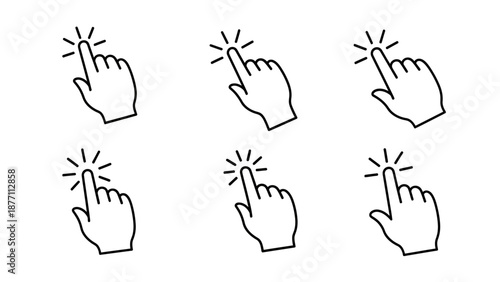 Six click cursor icons with radiating light effects, illustrating selection and interaction