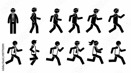 A sequence of stick figures in motion, illustrating walking and running poses from various angles