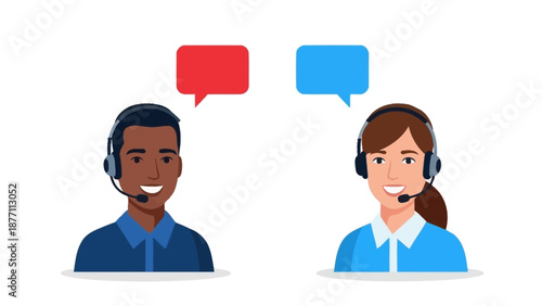 Customer service representatives, a man and a woman wearing headsets, communicating with each other through speech bubbles
