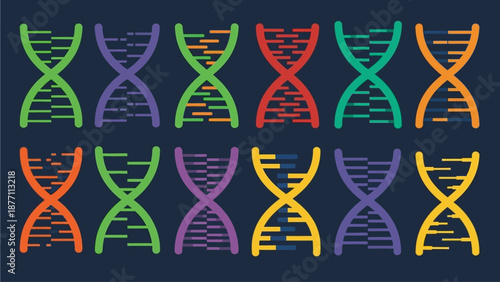 Abstract representation of DNA strands with vibrant, colorful segments and a dark blue background