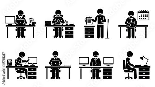 Office workers performing various tasks at their desks in a modern workspace setting