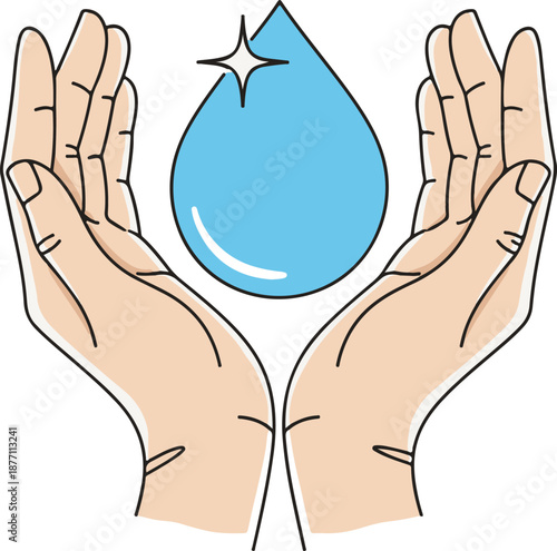 A minimalist flat illustration featuring two open hands cupping a large, sparkling blue water drop. It represents water conservation, purity, and environmental care.
