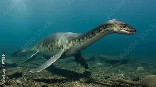 Underwater Plesiosaur Dinosaur Swims Through Ancient Ocean Waters