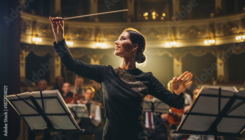 A woman conducts an orchestra in a concert hall.