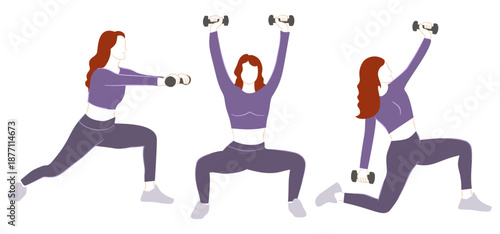 woman performing strength exercises with dumbbells, showing workout routine, fitness training, and healthy lifestyle.