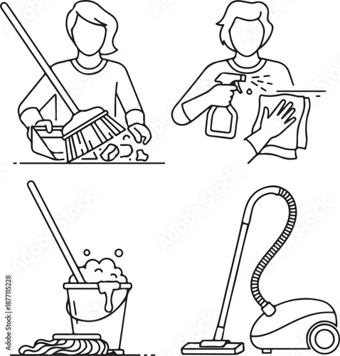 A four-panel line art illustration showing various cleaning activities: sweeping with a broom, spraying and wiping a surface, mopping with a bucket, and using a vacuum cleaner.