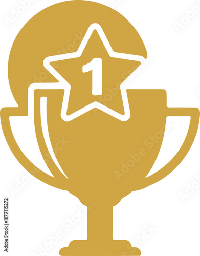 A monochromatic gold icon representing first place, featuring a trophy silhouette overlaid with a five-pointed star containing the number "1," set against a circular background.