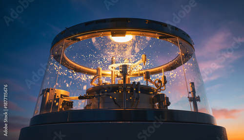 A scientific instrument enclosed in a glass dome during sunset.
