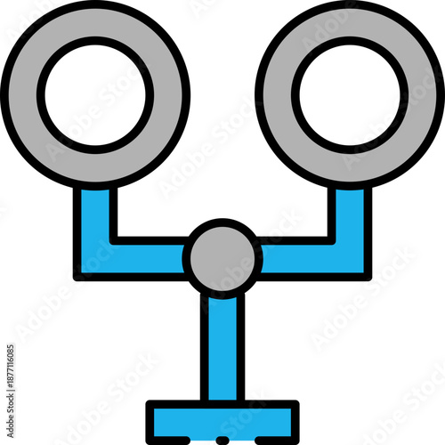 A simple binocular illustration with a blue frame and grey lenses on a white background viewed from the front