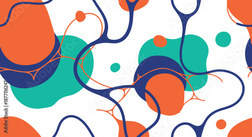 Modern seamless pattern with abstract organic blobs and interconnected neuron-like lines in a bold palette of orange, teal, and dark blue.