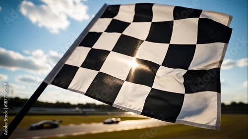 Checkered Flag Waving at Sunset Over Racetrack Race Car Victory