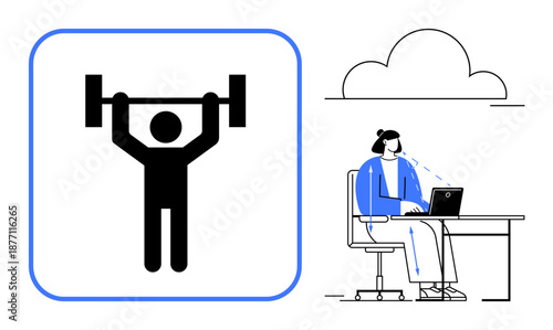 Fitness and technology concept. Fitness ed by weightlifting icon and a person working on a laptop linked to cloud storage. Fitness and technology innovation for data management, cloud storage