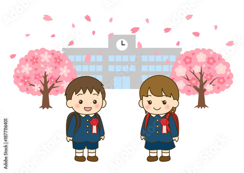 入学式の小学一年生男女と桜と校舎｜春の入学イラスト横長背景