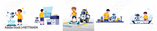 Educational technology concept showing kids coding, building, and interacting with friendly robots and AI companions.
