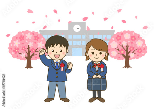 入学式の新入生男女と桜と校舎｜春の入学イラスト横長背景