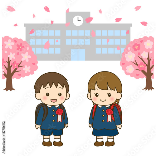 入学式の小学一年生男女と桜と校舎｜春の入学イラスト正方形背景
