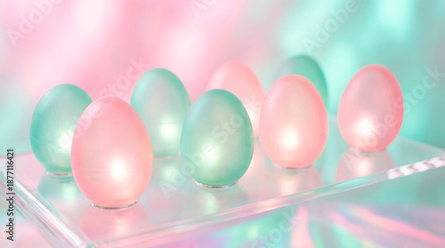 Soft pastel Easter eggs glowing on a reflective surface with a dreamy background for festive decor
