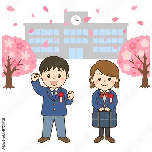 入学式の新入生男女と桜と校舎｜春の入学イラスト正方形背景