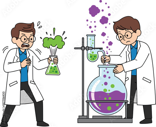 Cartoon scientists conducting chemistry experiments with colorful reactions, laboratory glassware, chemical research concept, science education illustration, teamwork