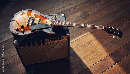 Electric guitar resting on an amplifier on a wooden floor.