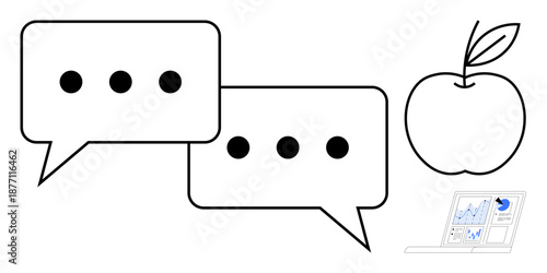 Communication, education, learning, technology, health, analytics. Speech bubbles, apple and a computer screen with data chart. Communication and education conceptualized through visuals