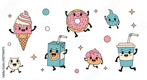 Kawaii collection of cute dancing food and drink characters, featuring a happy ice cream cone, a donut, juice, and other sweet treats in a doodle style.