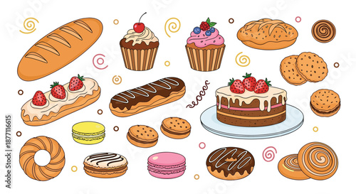 Colorful collection of delicious hand-drawn bakery and pastry doodles, including cake, macarons, donuts, cupcakes, and other sweet dessert items.
