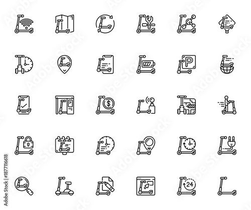 Scooter Hire icon set. Vector icons pack for sharing, location, payment, wifi, map, maintenance, charging, and more. Editable stroke.