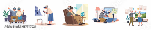Elderly people and virtual reality concept set. Seniors using VR headsets for digital exploration, gaming, and virtual tourism, embracing modern technology.