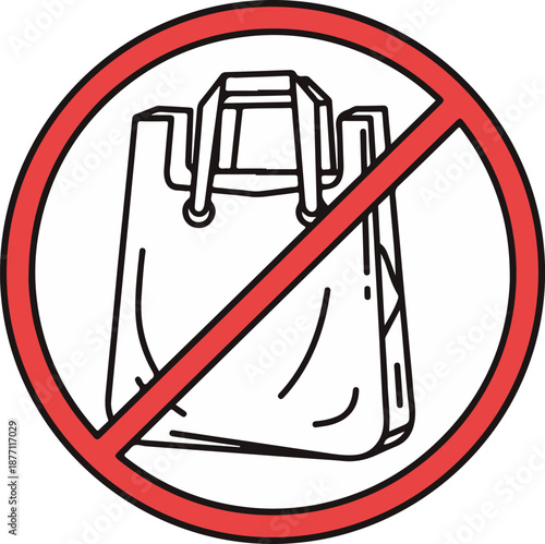 A minimalist line art illustration of a handled shopping bag inside a bold red prohibition circle with a diagonal slash, signifying a ban on single-use plastic bags.