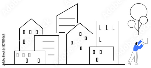 Cityscape concept. Cityscape urban architecture and modern buildings with a person interacting with balloons. Cityscape design for urban lifestyle, planning, real estate, and creativity concepts