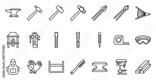 Set of blacksmith tools icons, line style, illustration. craft equipment