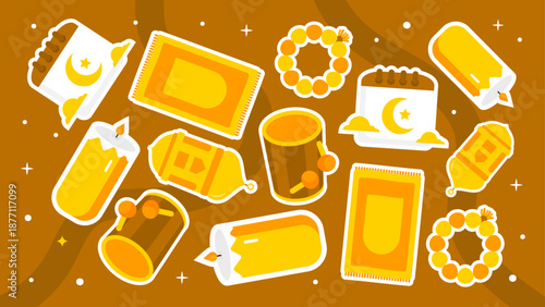 Pattern of prayer mats calendars and lit candles on an earth tone brown background symbolizing faith