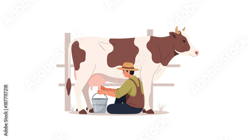 Farmer Hand Milking Cow in Simple Cowshed Flat Vector Illustration