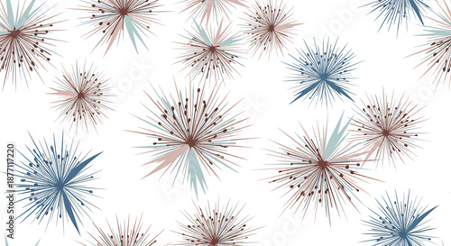 A modern and dynamic seamless abstract pattern of starburst or firework shapes in muted blue and brown on a white background.
