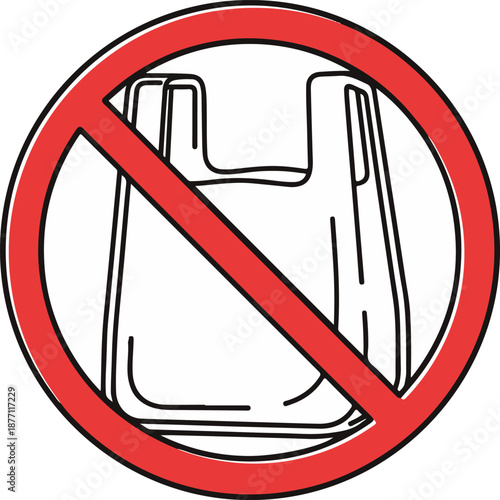 A clear line art illustration of a plastic shopping bag crossed out by a bold red prohibition circle with a diagonal slash, signifying a ban on single-use plastic waste.