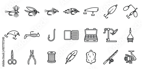Detailed Fishing Gear Outline Icons Set, Angling Equipment and Bait Collection