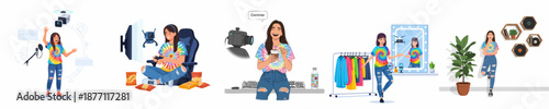 Modern female content creator lifestyle scenes: gaming, podcasting, fashion vlogging, and digital media hobbies, showcasing youth culture.