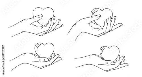 A set of four elegant line art illustrations showing a delicate female hand holding a heart, symbolizing love and care.
