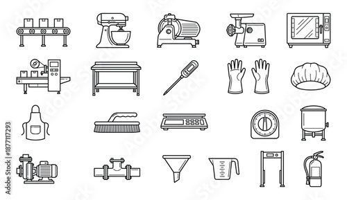 Collection of Food Production and Processing Equipment Icons, Line Art Style