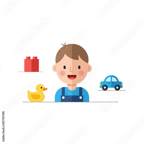 Cartoon boy with rubber duck and toy car.