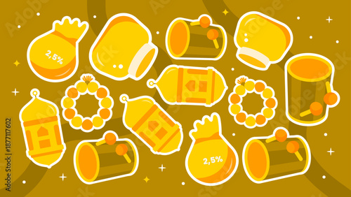 Golden themed pattern showing zakat bags with percentage and traditional drums for Islamic charity