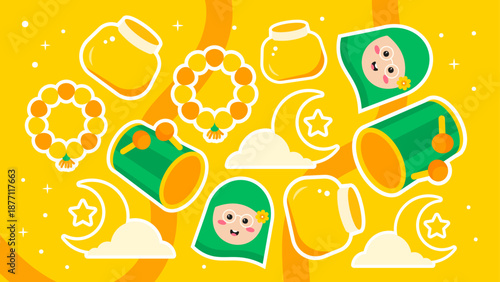 Playful pattern with kids in hijab moon stars and cookies for a joyful Ramadan atmosphere