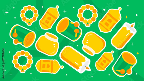 Seamless pattern featuring lanterns prayer beads and drums on a vibrant green background for Ramadan celebration