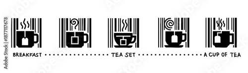 A set of cups of tea and coffee for breakfast with a slice of lemon similar to a QR code barcode code