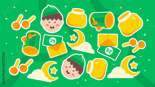 Green background pattern with Muslim boy drum money envelope and cookie jar stickers