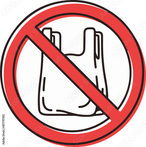 A minimalist line art illustration of a plastic shopping bag framed within a bold red prohibition circle with a diagonal slash, signifying a ban on single-use plastics.