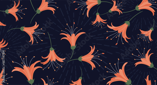 A vibrant seamless floral pattern of stylized orange trumpet flowers on a dark navy blue background with subtle linear details.