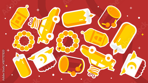 Red background featuring lanterns travel cars prayer beads and candles stickers