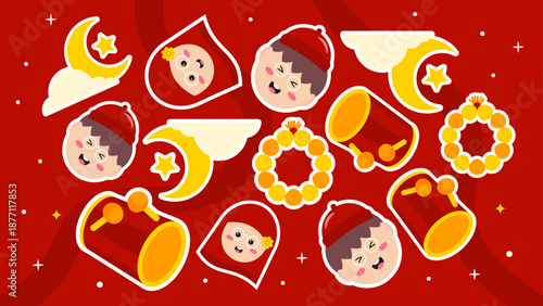 Red themed pattern featuring Muslim family faces zakat bags alarm clock and crescent moon
